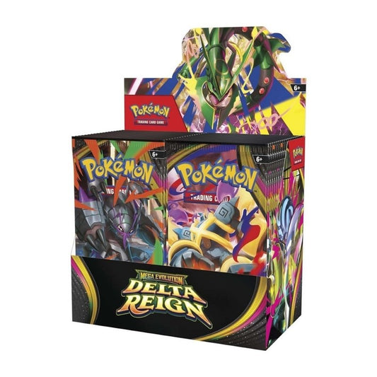 בוסטר בוקס קלפי פוקימון Mega Evolution Delta Reign, עם חבילות בוסטר ואיור מגה רייקוואזה בראש הקופסה