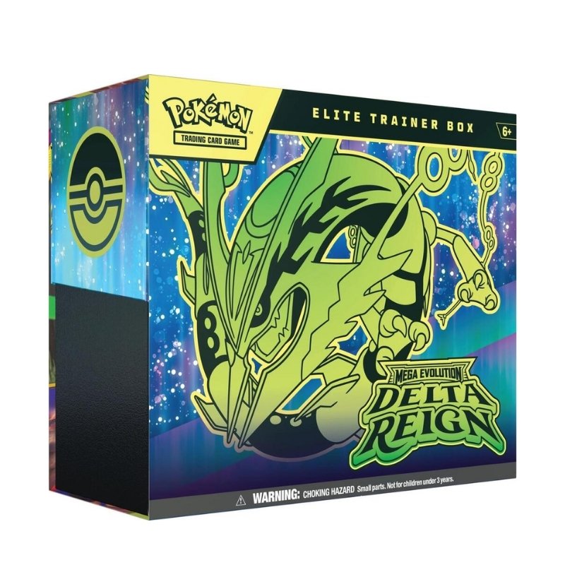 מארז איטיבי פוקימון Mega Evolution Delta Reign עם איור מגה רייקוואזה בירוק על רקע כחול