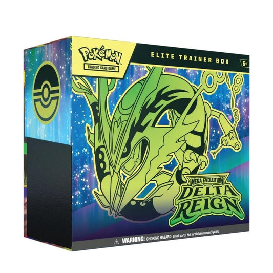 מארז איטיבי פוקימון Mega Evolution Delta Reign עם איור מגה רייקוואזה בירוק על רקע כחול