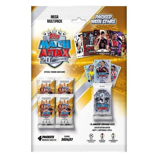 מארז Topps Match Attax 2026/27 Mega Multipack לחגיגות 20 שנה עם 4 חפיסות ו־3 קלפי מהדורה מוגבלת